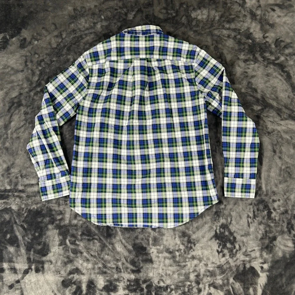Ralph Lauren Button Down Shirt Kids M 10-12 Blue Green Plaid Natural Stretch